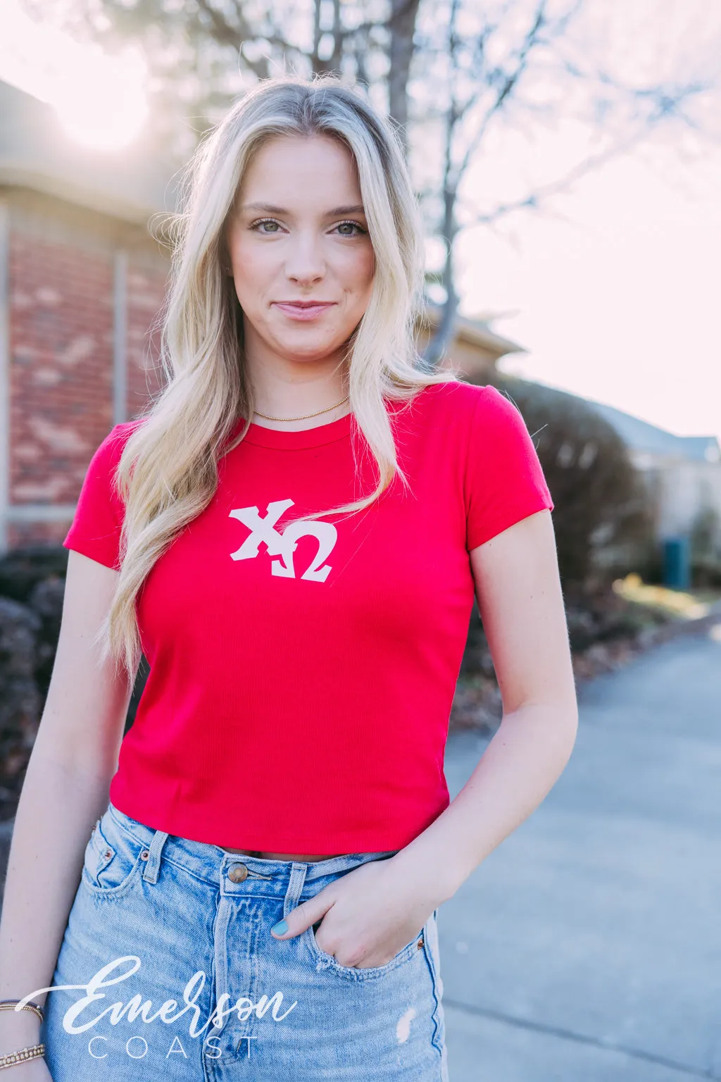Chi Omega Red Letter Baby Tee