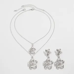 Chic 2pcs Textured Flower Pendant Necklace Earrings Set