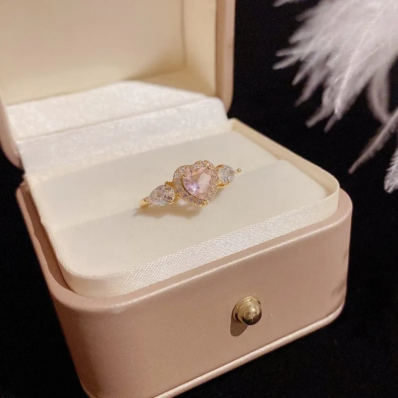 Chic Adjustable Pink Crystal Angel Wings Heart Ring