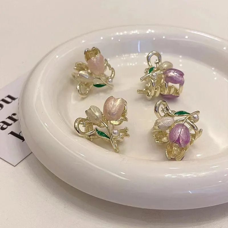 Chic Colorful Enamel Pearl Charm Tulip Hair Clip