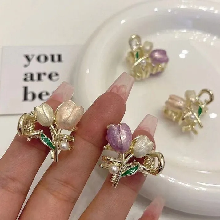 Chic Colorful Enamel Pearl Charm Tulip Hair Clip