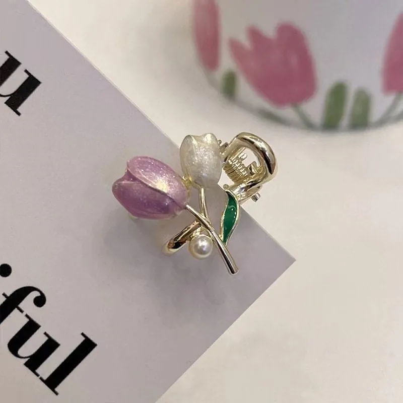 Chic Colorful Enamel Pearl Charm Tulip Hair Clip