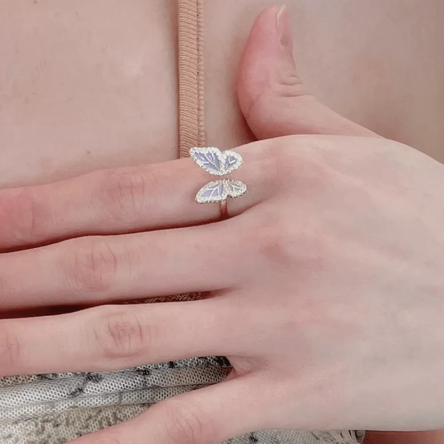 Chic CZ Inlaid Enamel Butterfly Fritillaria Open Ring