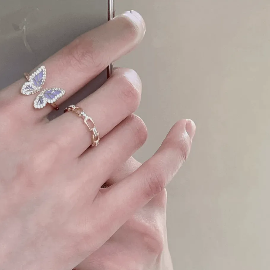 Chic CZ Inlaid Enamel Butterfly Fritillaria Open Ring