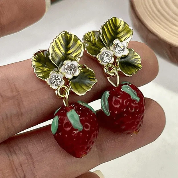 Chic CZ Inlaid Enamel Leaf Strawberry Dangle Earrings