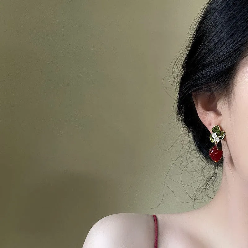 Chic CZ Inlaid Enamel Leaf Strawberry Dangle Earrings