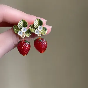 Chic CZ Inlaid Enamel Leaf Strawberry Dangle Earrings