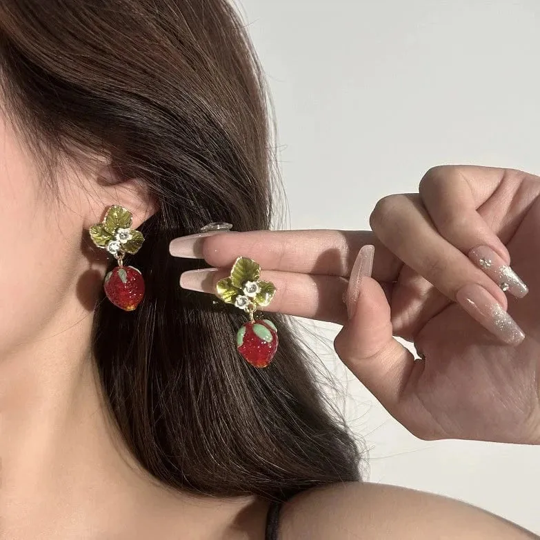 Chic CZ Inlaid Enamel Leaf Strawberry Dangle Earrings