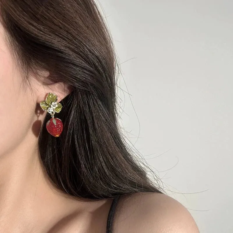 Chic CZ Inlaid Enamel Leaf Strawberry Dangle Earrings