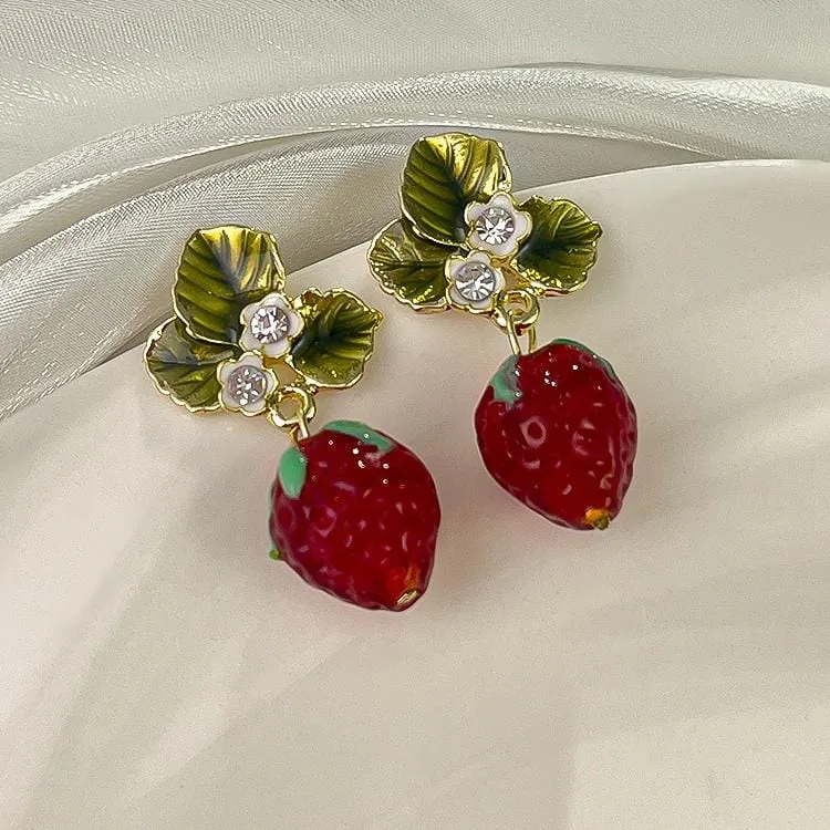 Chic CZ Inlaid Enamel Leaf Strawberry Dangle Earrings