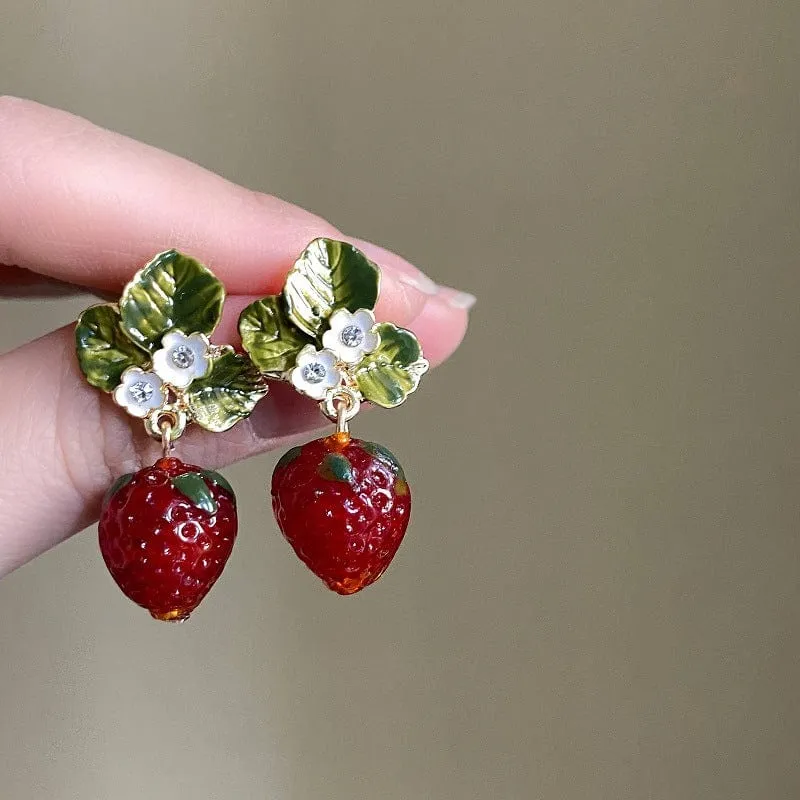 Chic CZ Inlaid Enamel Leaf Strawberry Dangle Earrings
