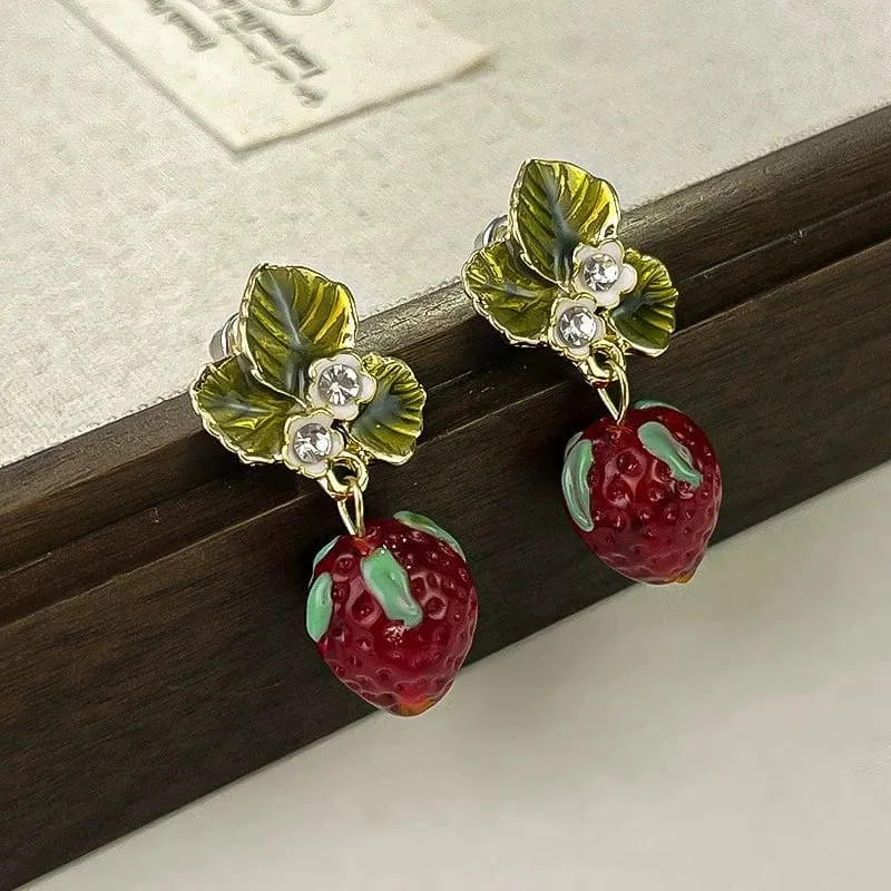 Chic CZ Inlaid Enamel Leaf Strawberry Dangle Earrings