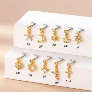Chic CZ Inlaid Stainless Steel Floral Heart Nose Piercing Nose Stud