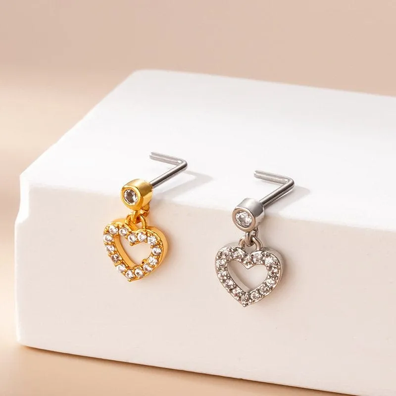 Chic CZ Inlaid Stainless Steel Floral Heart Nose Piercing Nose Stud