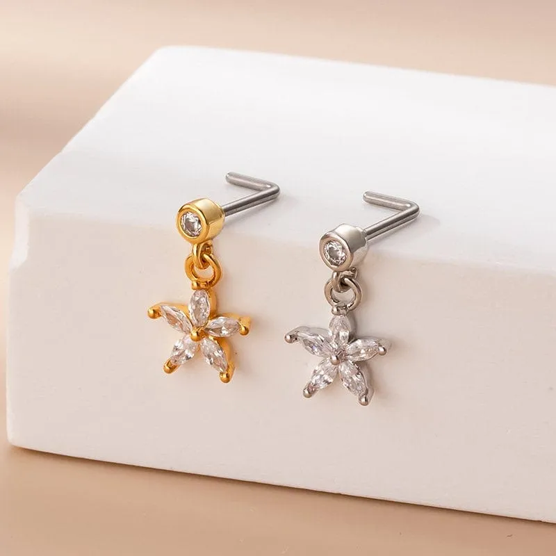 Chic CZ Inlaid Stainless Steel Floral Heart Nose Piercing Nose Stud