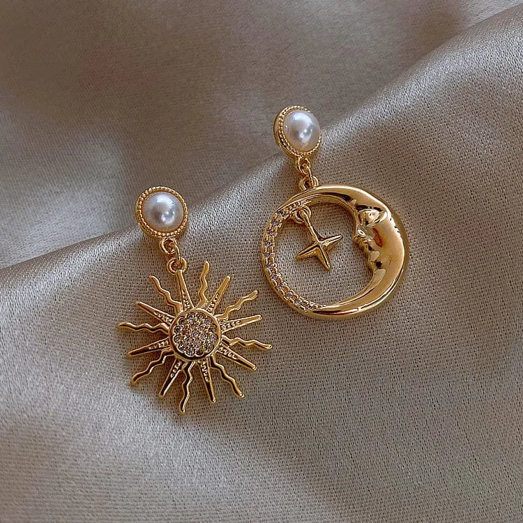 Chic CZ Pearl Inlaid Star Moon Phase Earrings