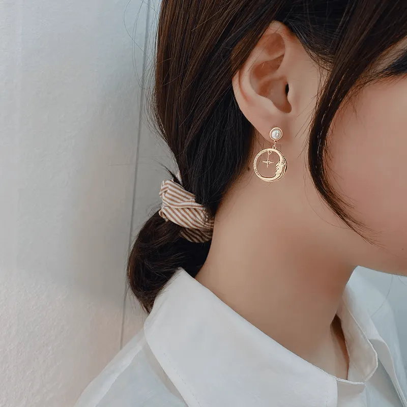 Chic CZ Pearl Inlaid Star Moon Phase Earrings