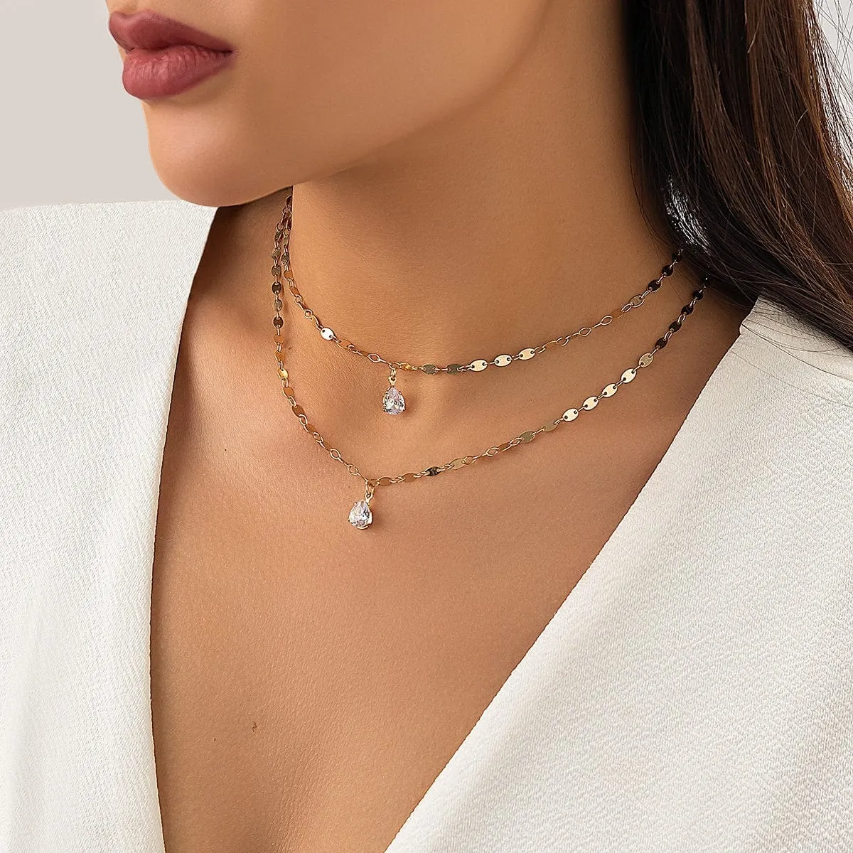Chic Layered Crystal Pendant Marine Chain Necklace Set