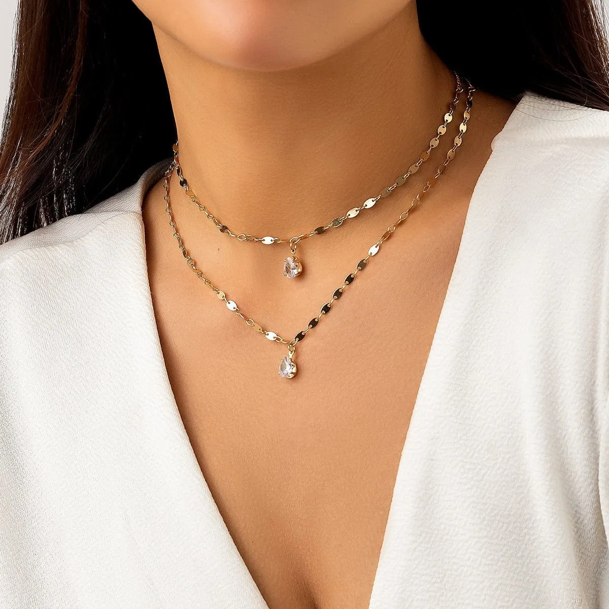Chic Layered Crystal Pendant Marine Chain Necklace Set