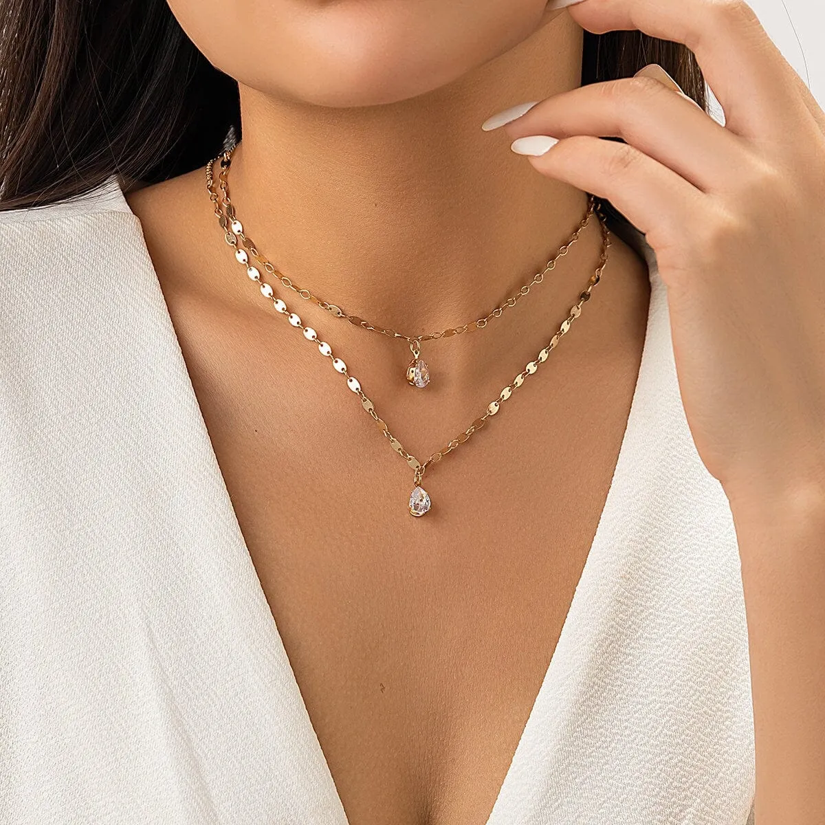 Chic Layered Crystal Pendant Marine Chain Necklace Set