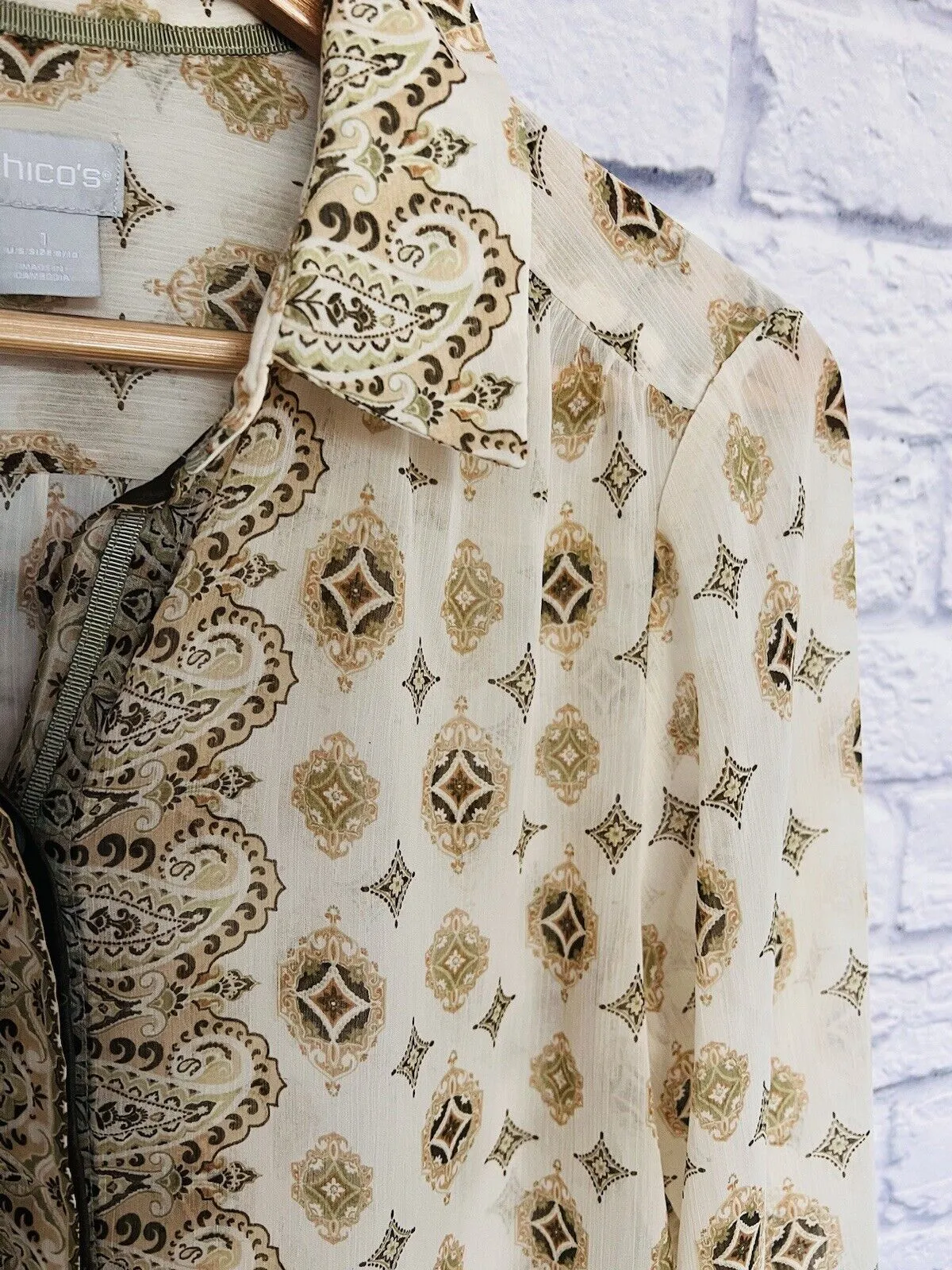 CHICOS Button Up Chiffon Blouse Sz 1 Sheer Long Sleeves Paisley Ivory Flowy