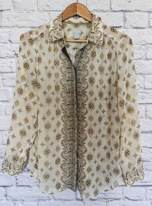 CHICOS Button Up Chiffon Blouse Sz 1 Sheer Long Sleeves Paisley Ivory Flowy