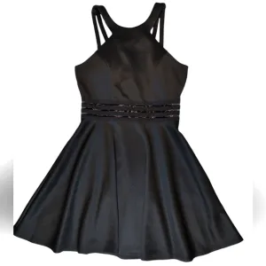 CITY STUDIO Black midi dress Size 9 chunk straps zipper back sheer waist stretch