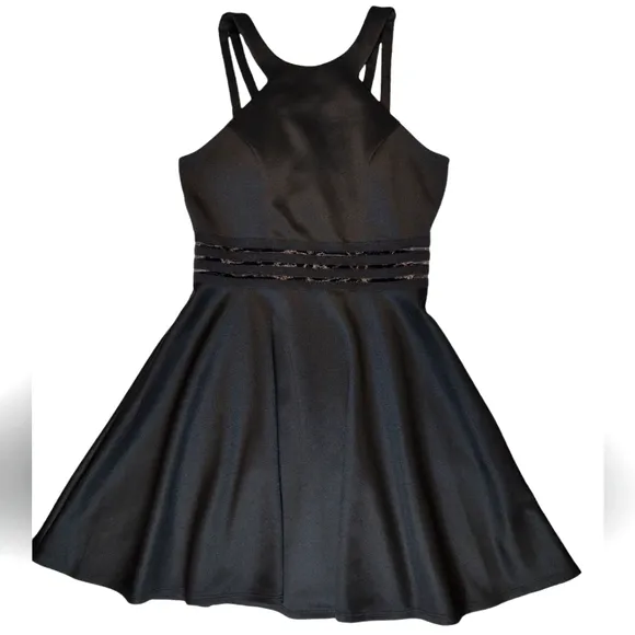 CITY STUDIO Black midi dress Size 9 chunk straps zipper back sheer waist stretch