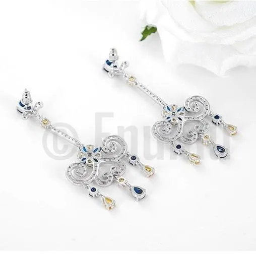 Classy Blue Sapphire Long Dangle Earrings