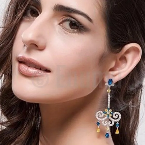 Classy Blue Sapphire Long Dangle Earrings