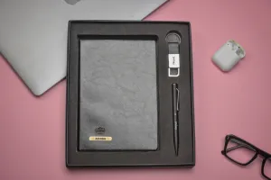 Classy Hardcover Diary   Classic Metal Pen   Classy Leather Metal Keychain - Black