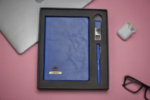 Classy Hardcover Diary   Classic Metal Pen   Classy Leather Metal Keychain - Blue