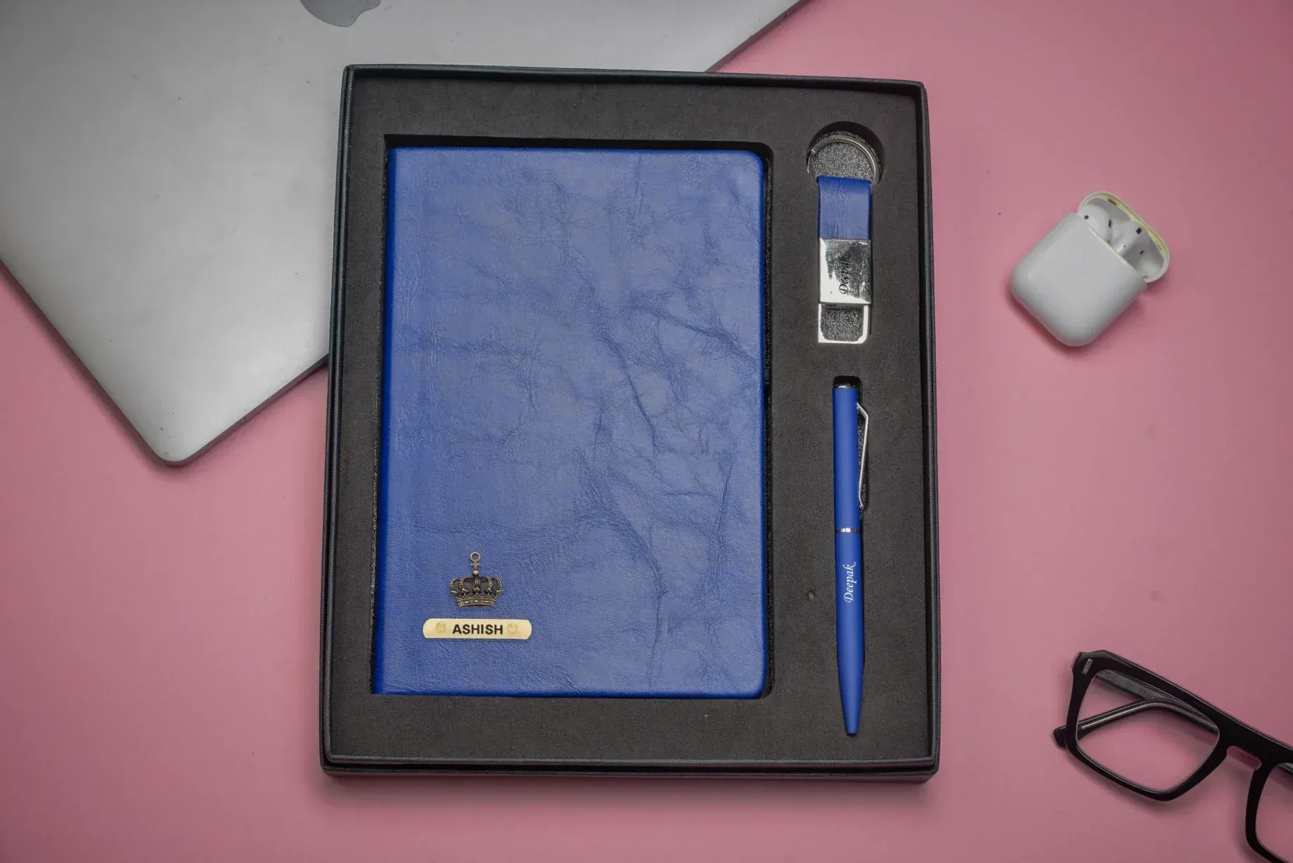 Classy Hardcover Diary   Classic Metal Pen   Classy Leather Metal Keychain - Blue