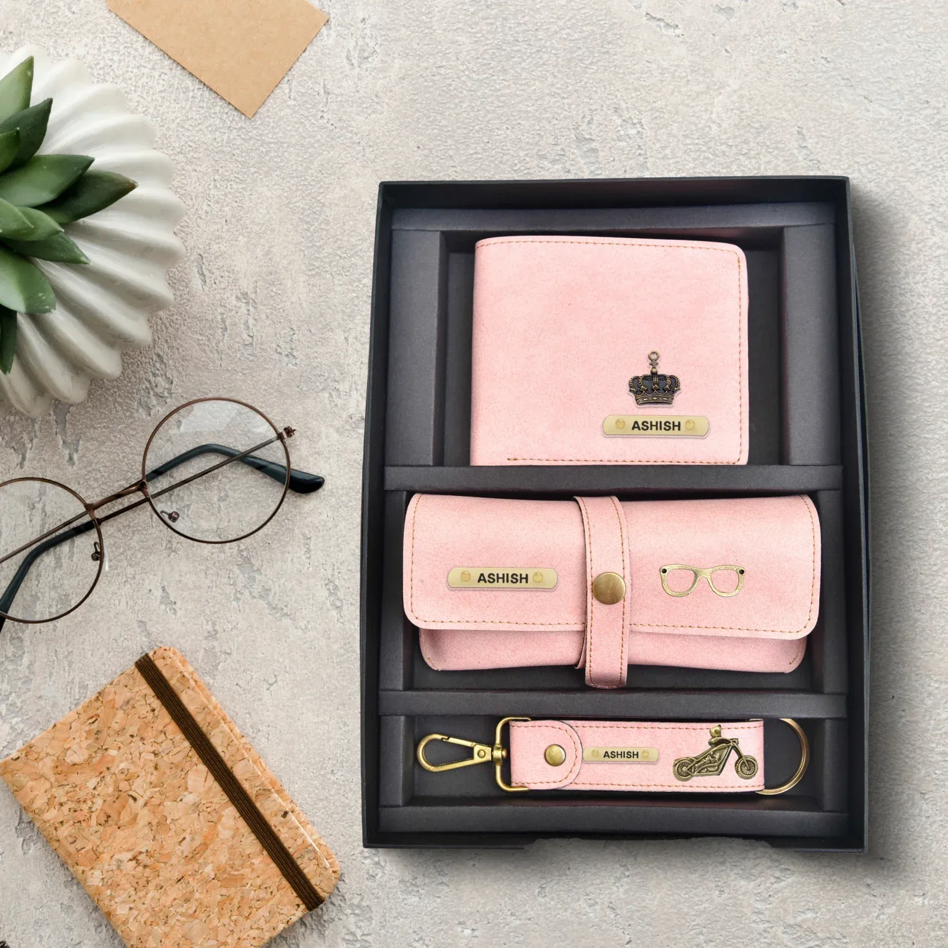 Classy Leather Customized Men's Combo (3 pcs) - Light Pink