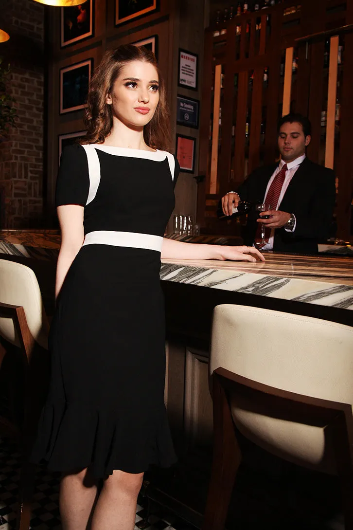 Colorblock Crepe Dress with Flounce Detail