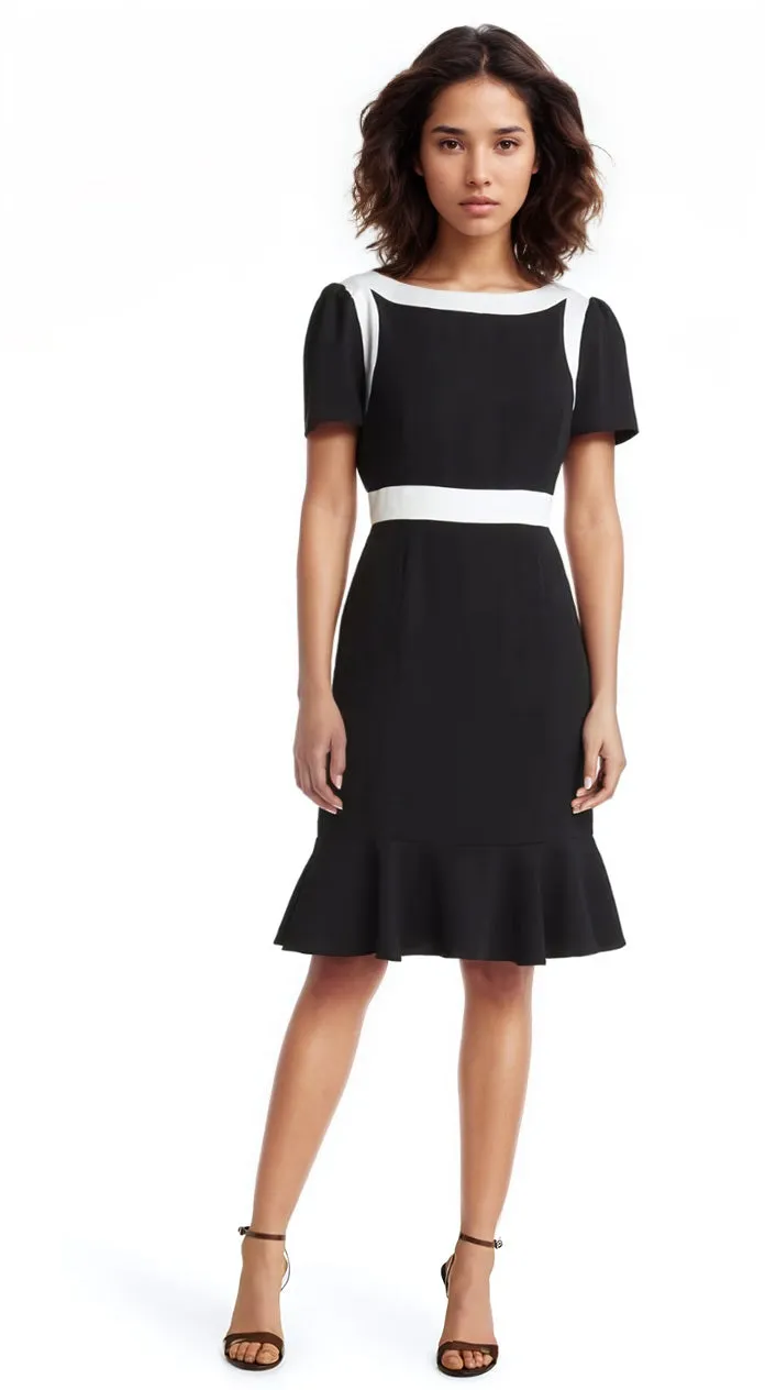 Colorblock Crepe Dress with Flounce Detail