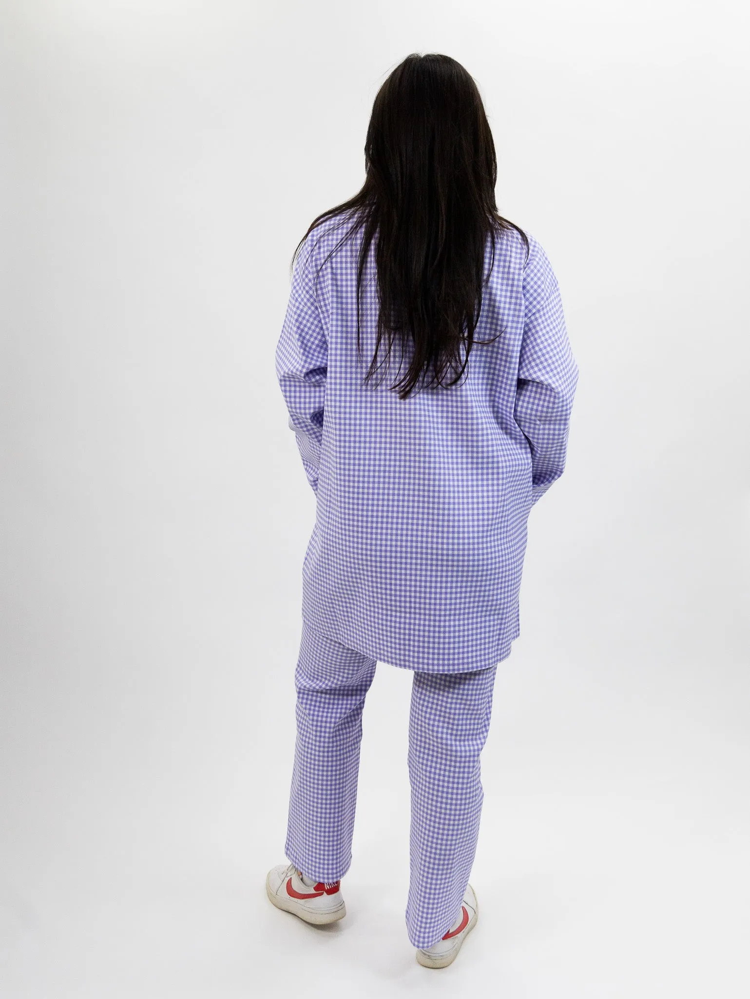 Compania Fantastica Straight lilac gingham check pants & Lilac gingham neoprene trench coat