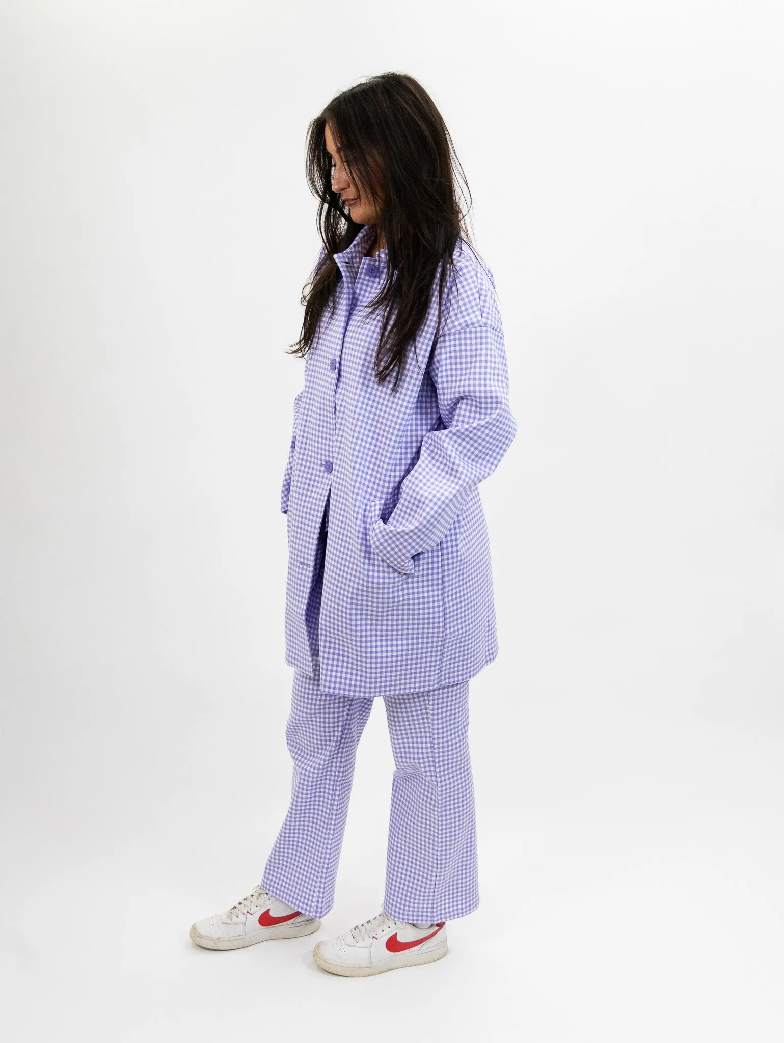 Compania Fantastica Straight lilac gingham check pants & Lilac gingham neoprene trench coat