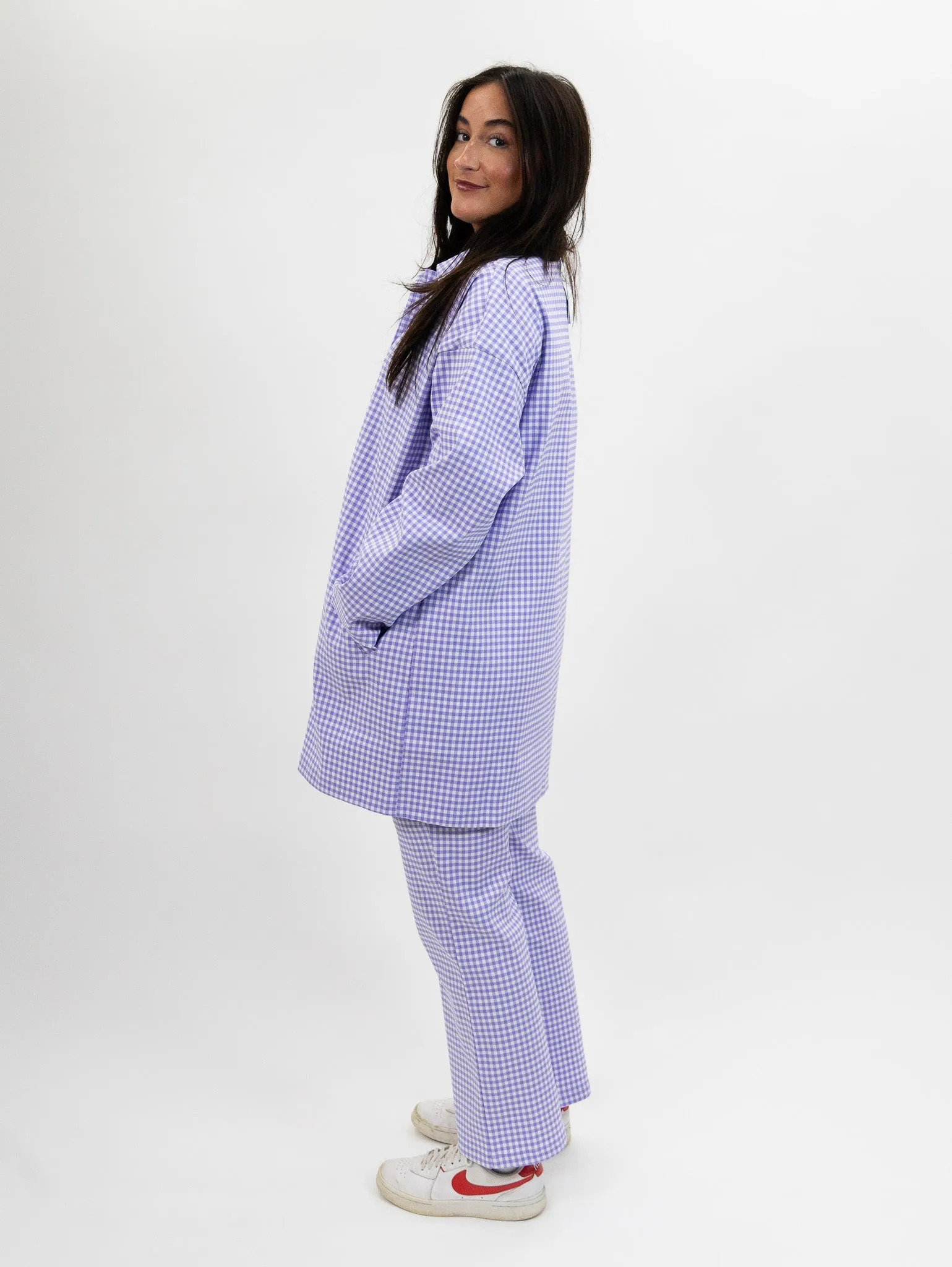 Compania Fantastica Straight lilac gingham check pants & Lilac gingham neoprene trench coat