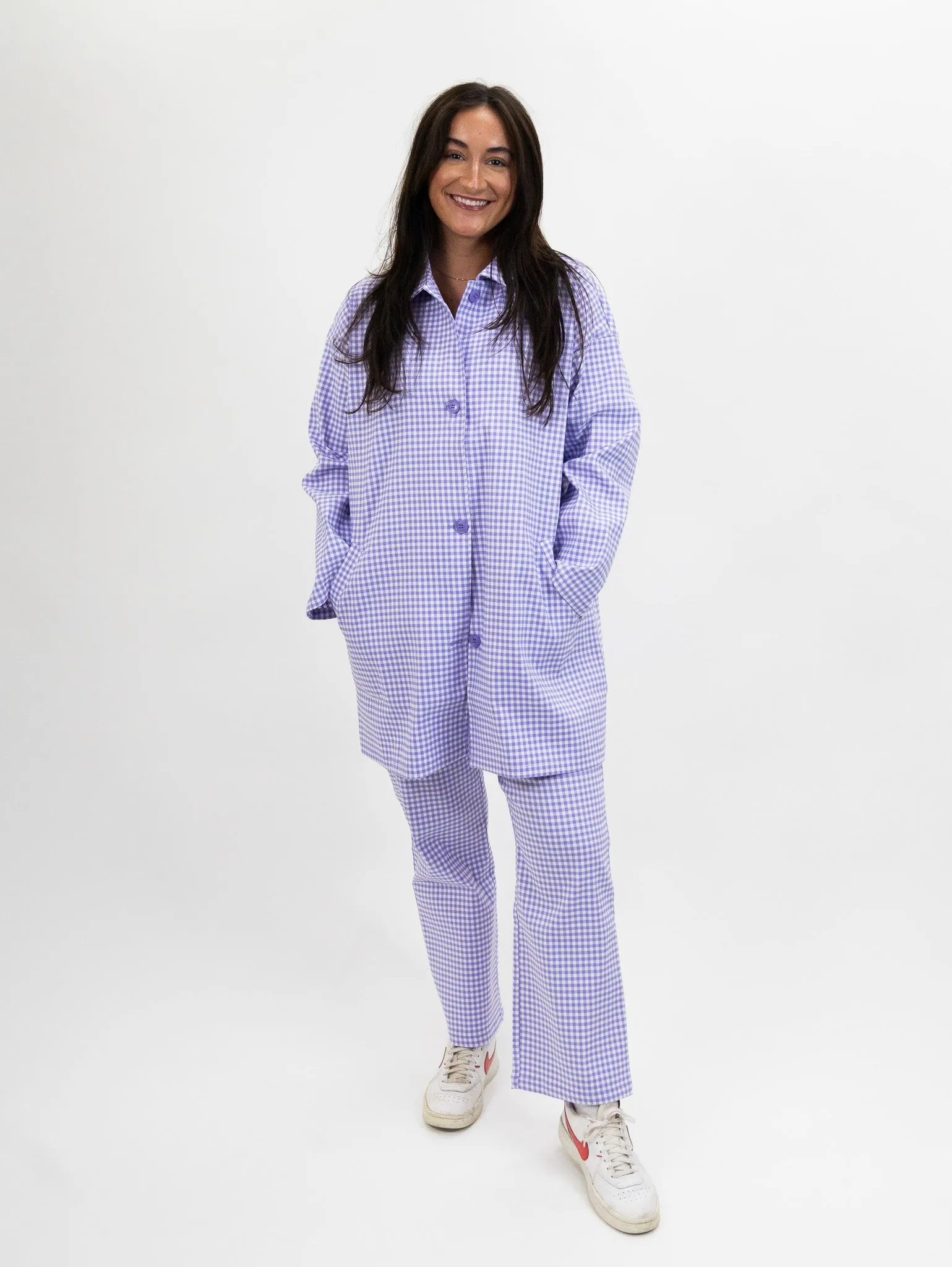 Compania Fantastica Straight lilac gingham check pants & Lilac gingham neoprene trench coat