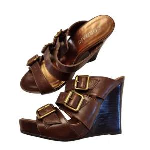 Cordani Brown Leather Slip On High Wedge Sandals Size 7