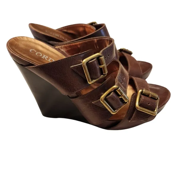 Cordani Brown Leather Slip On High Wedge Sandals Size 7
