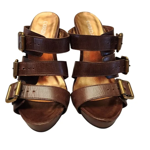 Cordani Brown Leather Slip On High Wedge Sandals Size 7