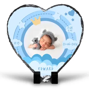 Custom Personalised Birth Announcement Heart Photo Slate - Baby Boy - Blues