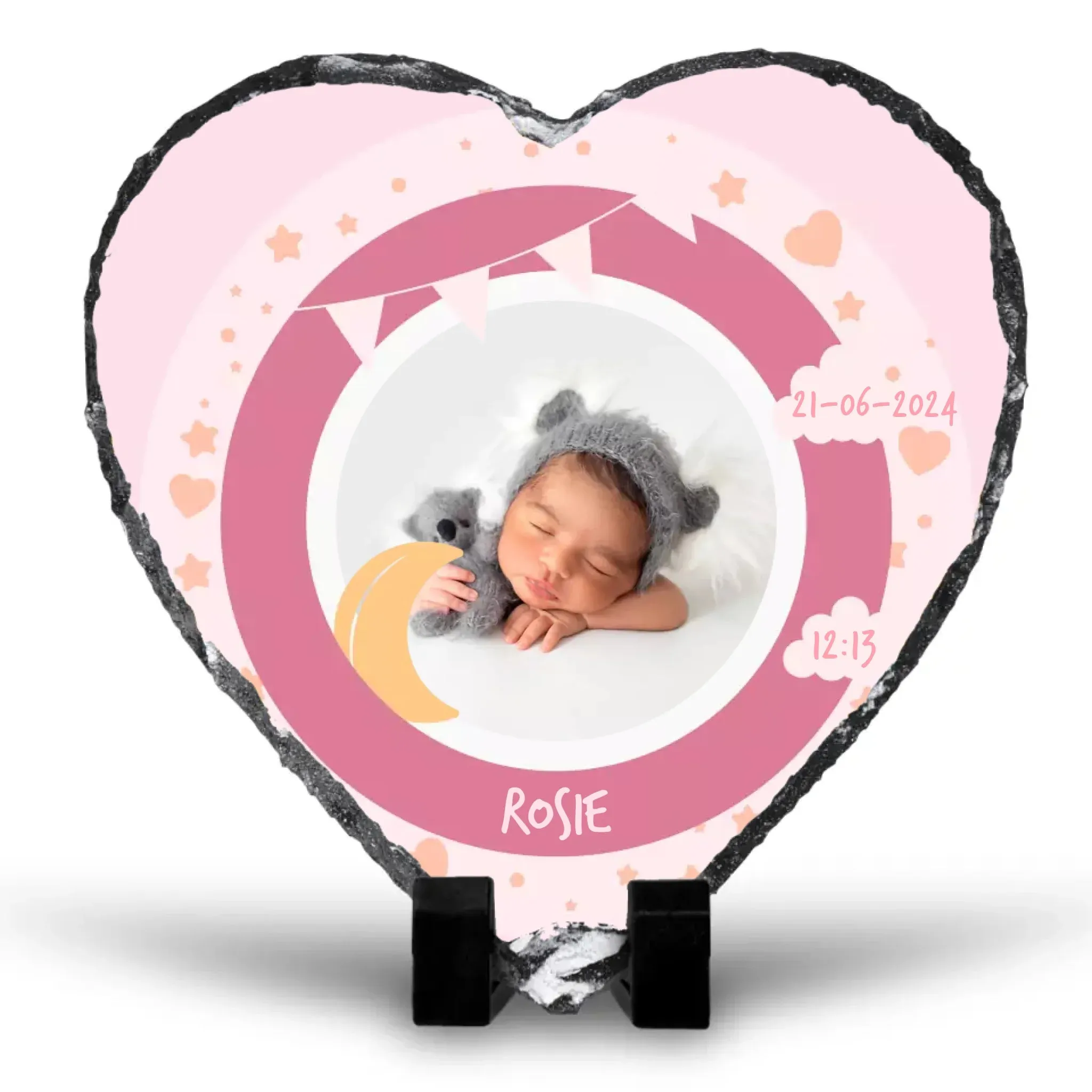 Custom Personalised Birth Announcement Heart Photo Slate - Baby Girl - Pinks