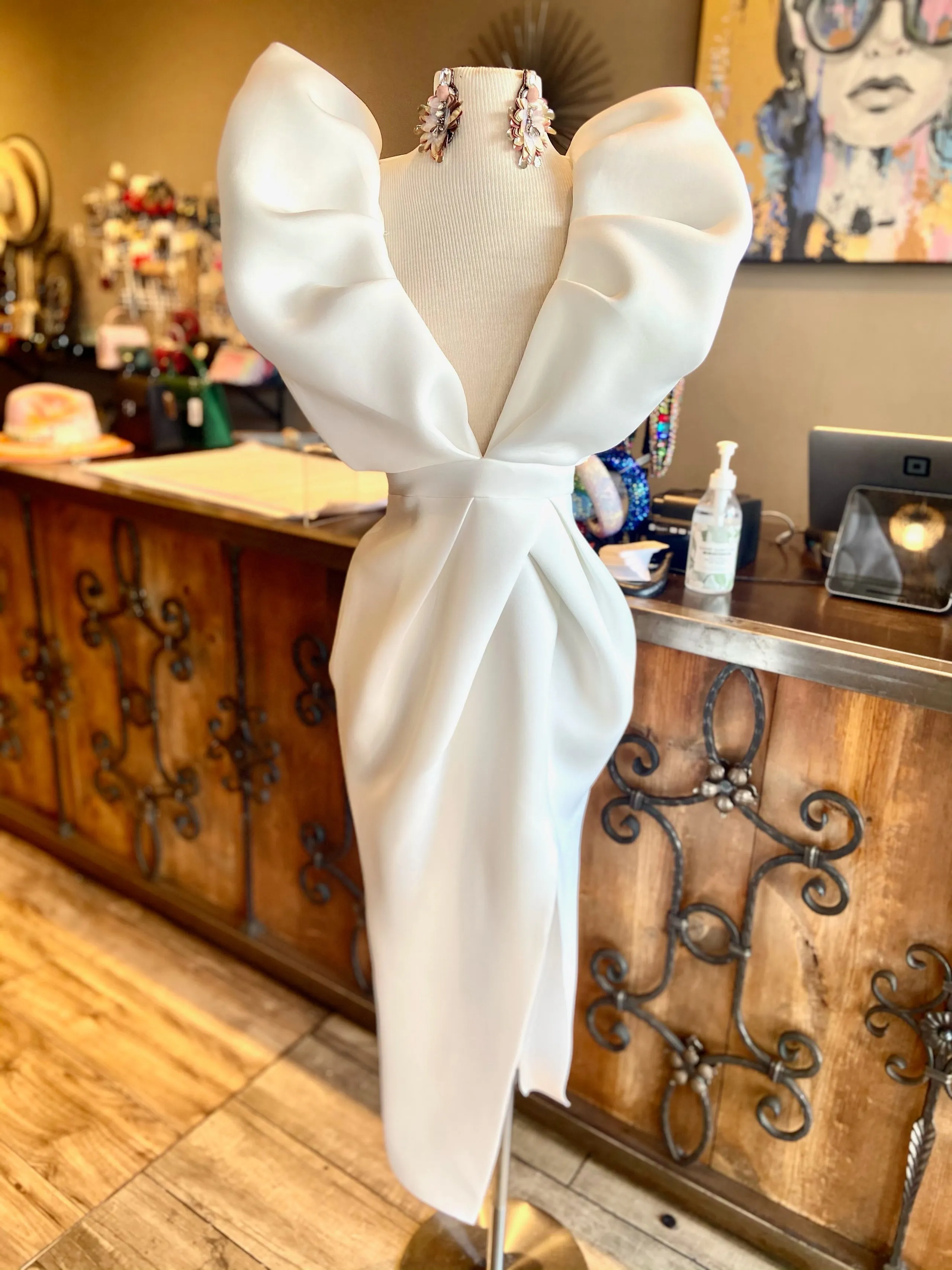 Deep V Puff Sleeve Dress