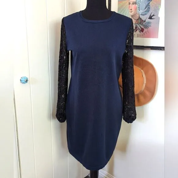 Diane Von Furstenberg Kivel Lace Silk Dress in Marine Blue Black, sz M EUC