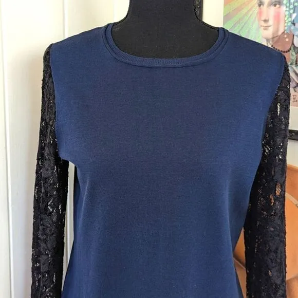 Diane Von Furstenberg Kivel Lace Silk Dress in Marine Blue Black, sz M EUC
