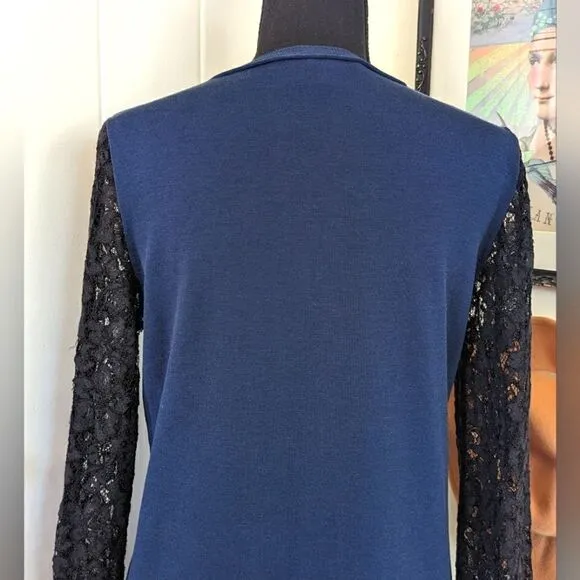 Diane Von Furstenberg Kivel Lace Silk Dress in Marine Blue Black, sz M EUC