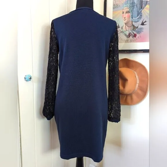 Diane Von Furstenberg Kivel Lace Silk Dress in Marine Blue Black, sz M EUC